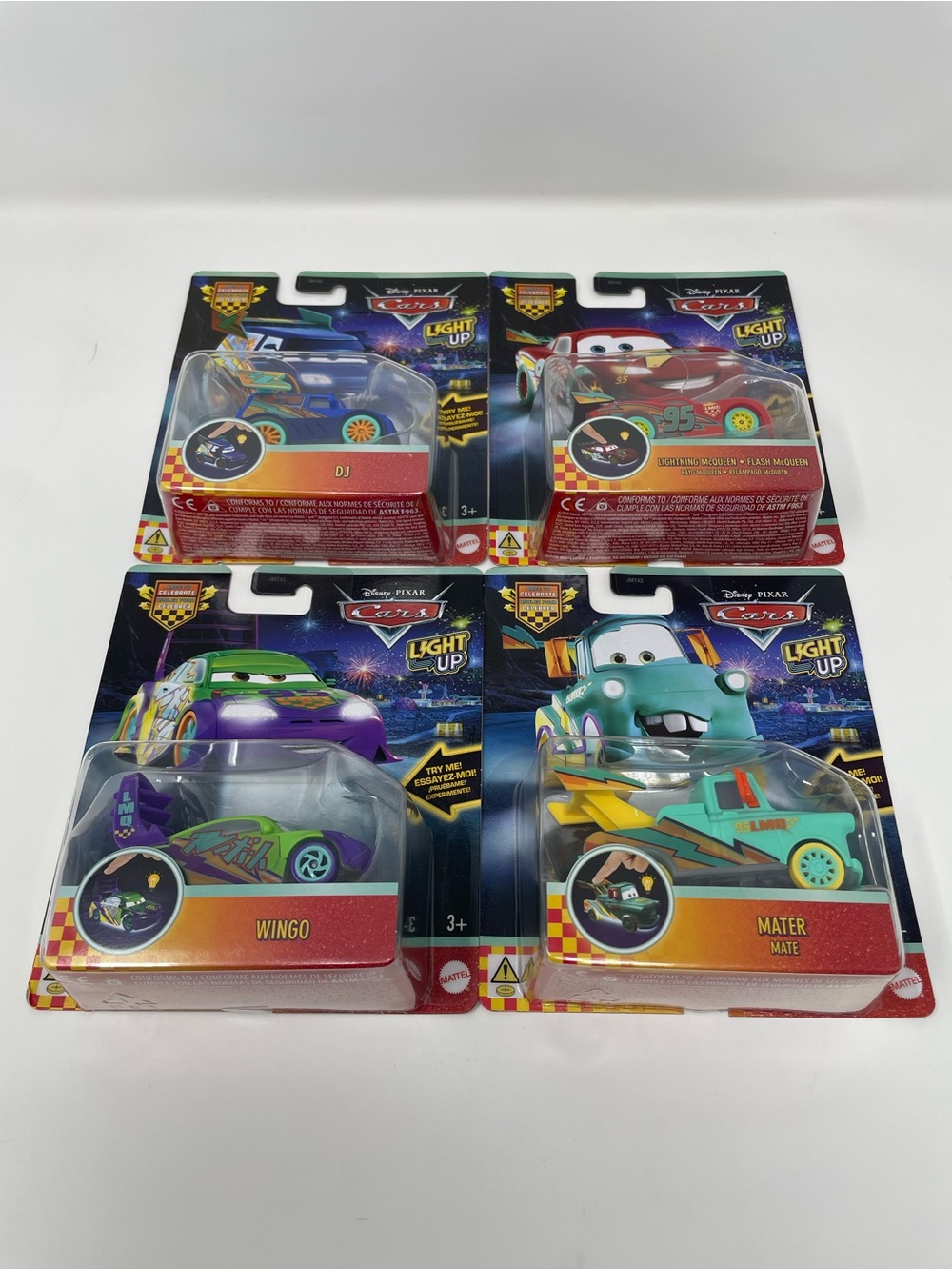 Disney Pixar Cars Race To Celebrate Light Up Diecast Sealed Brand New LOT OF 4